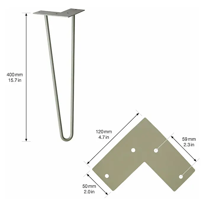 Wagner System Möbelfuß Hairpinlegs - Stahl, Höhe: 40 cm, Grau - Abbildung eines Tischbeins aus Metall mit L-förmiger Montageplatte und Maßangaben in Millimetern und Zoll.