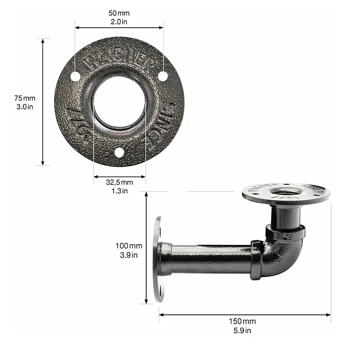 Wagner System Möbelfuß - Ø x H: 3,25 x 12 cm, Stahl - Abbildung eines schwarzen Rohrflansches mit den Maßen 75 mm x 150 mm zur Wandmontage.
