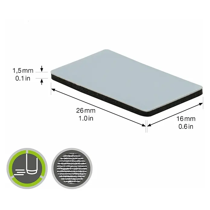 Wagner System Möbelgleiter - 16 x 26 mm, Kleben, 16 Stk. - Produktbild einer rechteckigen, selbstklebenden Antirutschmatte mit den Maßen 26x16x1,5 mm. Ideal für Möbel und andere Gegenstände.