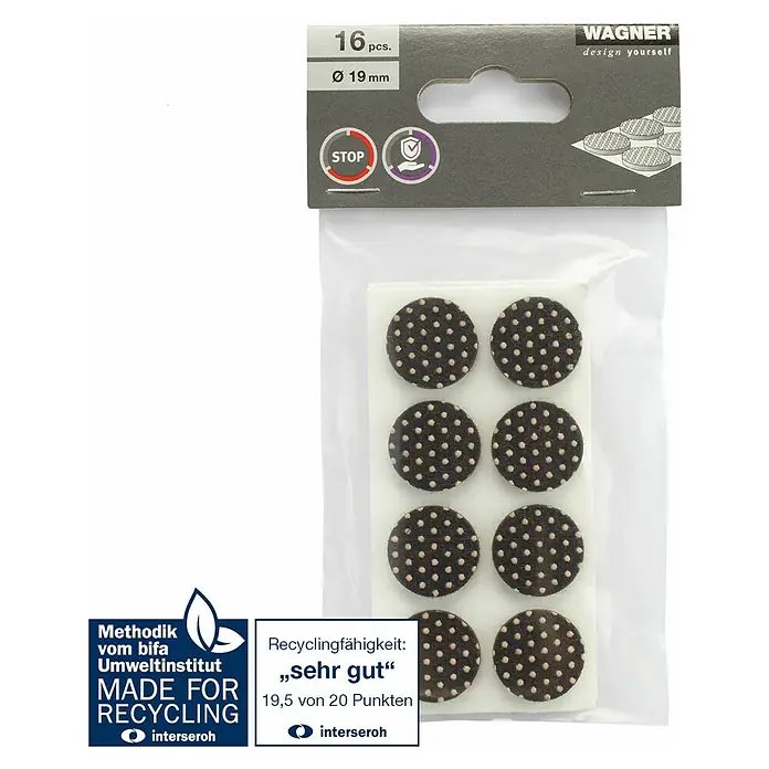 Wagner System Anti-Rutsch-Pad - Durchmesser: 19 mm, Kleben, 16 Stk. - Bild einer Packung Wagner Möbelgleiter, 16 Stück, Durchmesser 19 mm, mit Recycling-Siegel "sehr gut".