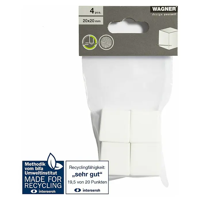 Wagner System Plastik-Gleiter - Weiß, 4 Stk., L x B: 20 x 20 mm - Die Wagner Design Yourself Möbelgleiter in der 4er-Packung: 20x20 mm große, weiße Pads zum Schutz von Böden und Möbeln, ausgezeichnete Recyclingfähigkeit.