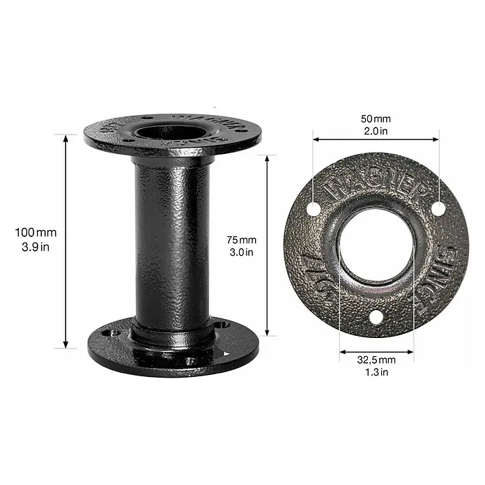 Wagner System Möbelfuß Industrial Pipe - Stahl, Höhe: 10 cm - Nahaufnahme eines schwarzen Rohrflansches mit Maßangaben, der die Abmessungen des Produkts zeigt.