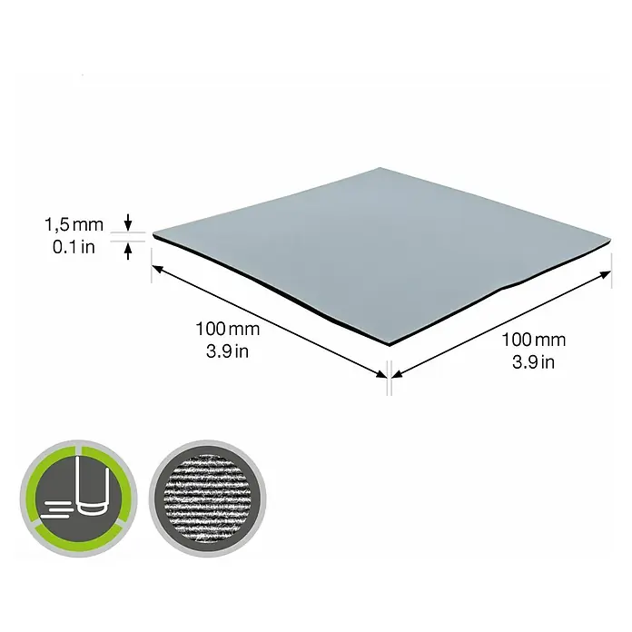 Wagner System Möbelgleiter - L x B x H: 100 x 100 x 1,5 mm, Kleben, 1 Stk. - Abbildung einer quadratischen Platte mit Abmessungen und Dicke, geeignet für verschiedene Anwendungen.