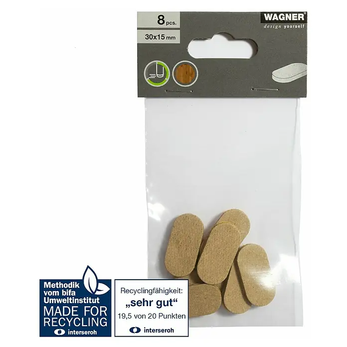 Wagner System Möbelgleiter - L x B x H: 30 x 15 x 3 mm, Kleben, 8 Stk. - Eine Packung Wagner Design-Holzplättchen (8 Stück, 30x15 mm) in einer durchsichtigen Plastikverpackung mit Recyclinghinweisen.