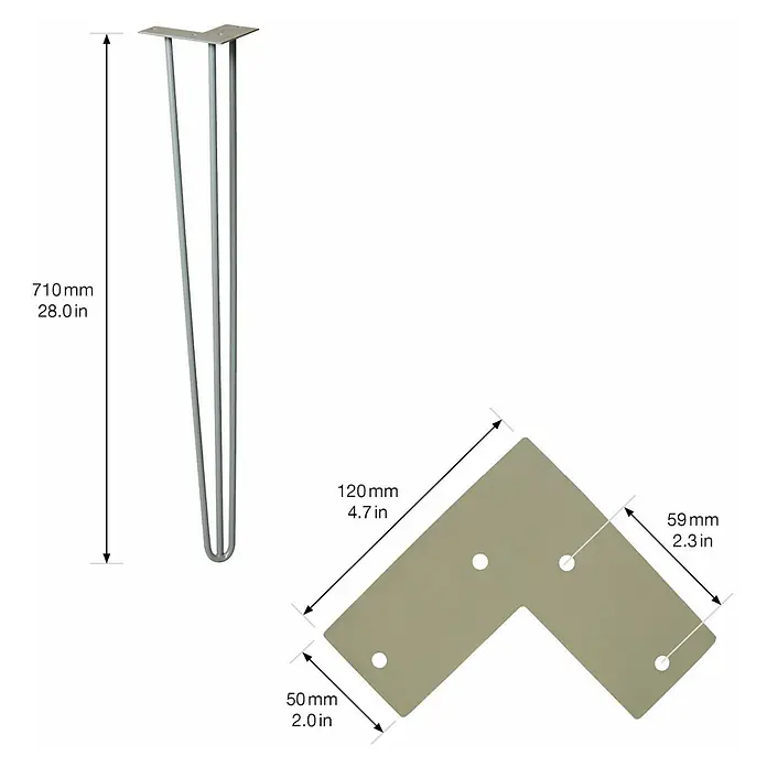 Wagner System Möbelfuß Hairpinlegs - Stahl, Höhe: 71 cm, Grau - Produktbild eines Tischbeins aus Metall mit einer L-förmigen Montageplatte, inklusive Maßangaben für Montage und Bein.