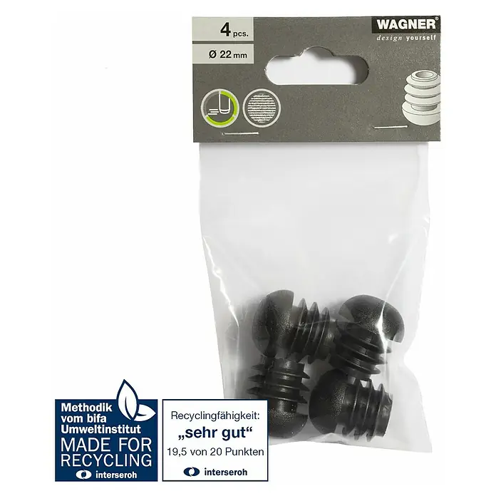 Wagner System Möbelgleiter - Durchmesser: 22 mm, 4 Stk., Kunststoff - Das Bild zeigt eine Packung mit vier schwarzen Wagner Stuhlbeinkappen, Durchmesser 22 mm, verpackt in einer durchsichtigen Plastiktüte.