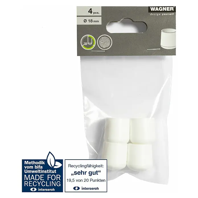 Wagner System Plastik-Gleiter - Weiß, Gesamtstückzahl: 4 Stk., Lochdurchmesser 1: 18 mm - Verpackung mit vier Möbelgleitern von Wagner, Durchmesser 18 mm, zur einfachen Selbstmontage.