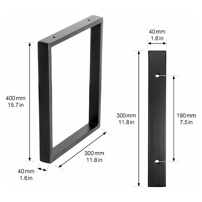 Wagner System Tischgestell - Stahl, B x H: 30 x 40 cm - Abbildung eines schwarzen, rechteckigen Tischbeins mit Maßangaben in Millimetern und Zoll, das die Abmessungen des Produkts hervorhebt.