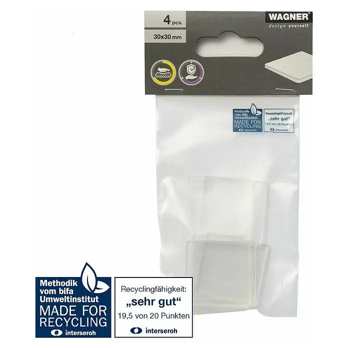 Wagner System Plastik-Gleiter - L x B x H: 30 x 30 x 6,4 mm, Transparent, 4 Stk. - Eine Packung mit 4 Wagner Möbelgleitern, 30x30 mm, hergestellt für Recycling, mit sehr guter Recyclingfähigkeit.