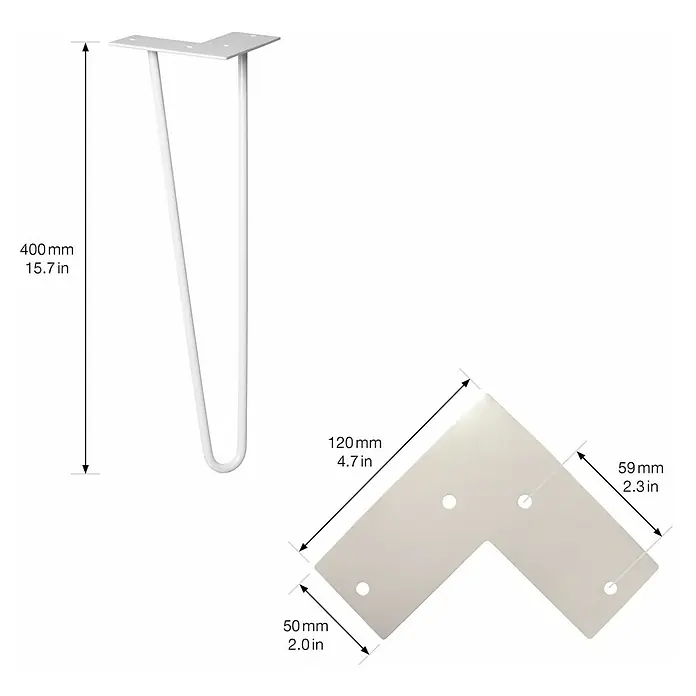 Wagner System Möbelfuß Hairpinlegs - Stahl, Höhe: 40 cm, Licht Grau - Produktansicht eines weißen Tischbeins aus Metall mit den zugehörigen Maßangaben in Millimetern und Zoll.