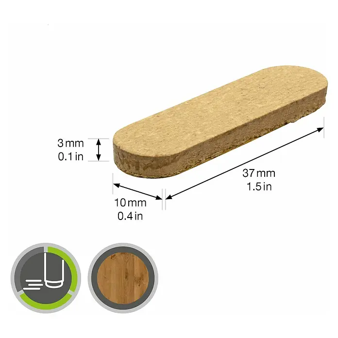 Wagner System Möbelgleiter - L x B x H: 37 x 10 x 3 mm, Kleben, 8 Stk. - Das Bild zeigt einen Holzverbinder mit den Maßen 37 x 10 x 3 mm, ideal für Holzbearbeitungsprojekte.