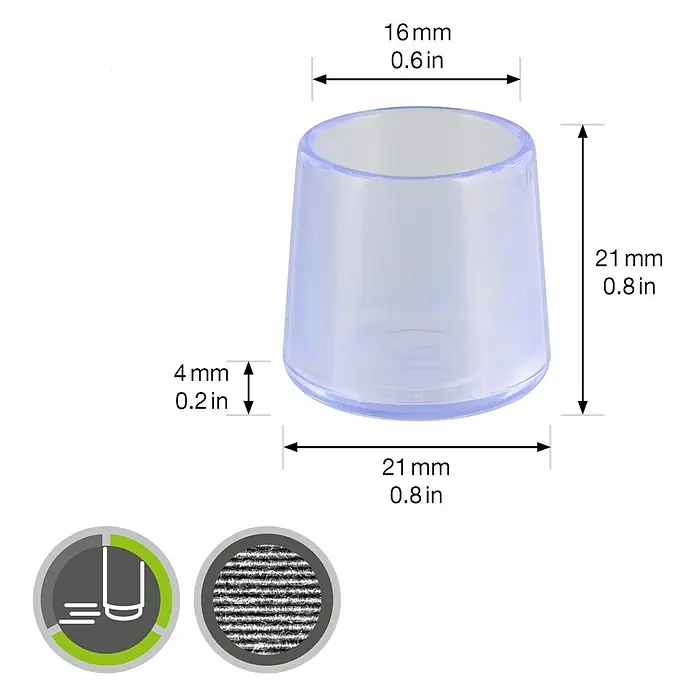 Wagner System Rohrkappen - Durchmesser: 16 mm, 4 Stk., Transparent - Das Bild zeigt eine transparente Stuhlbeinkappe mit Größenangaben. Sie schützt den Boden vor Kratzern und Beschädigungen.
