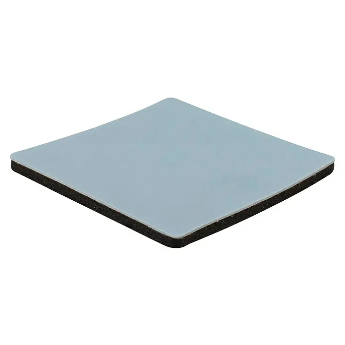 Wagner System Möbelgleiter - L x B x H: 25 x 25 x 1,5 mm, Kleben, 12 Stk. - Nahaufnahme eines quadratischen, hellblauen Sublimations-Rohlings mit einer schwarzen Schaumstoffrückseite für individuelle Designs.