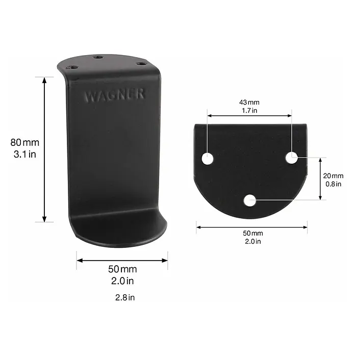 Wagner System Möbelfuß - Stahl, L x H: 5 x 8 cm - Produktansicht des schwarzen Wagner Türstoppers mit den Maßangaben 80 x 50 mm und einer Höhe von 43 mm. Technische Zeichnung enthalten.