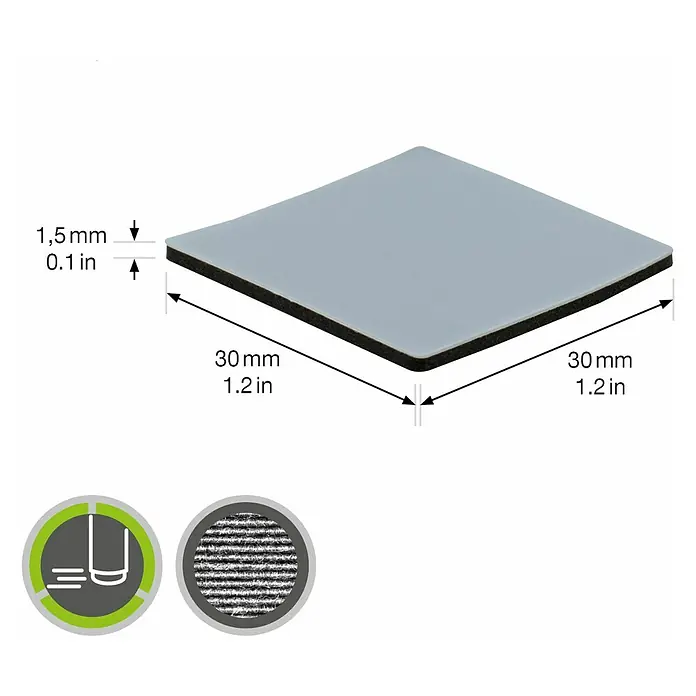 Wagner System Möbelgleiter - L x B x H: 30 x 30 x 1,5 mm, Kleben, 12 Stk. - Produktdarstellung: Quadratische, selbstklebende Antirutschpads mit den Maßen 30x30mm und einer Dicke von 1,5mm.