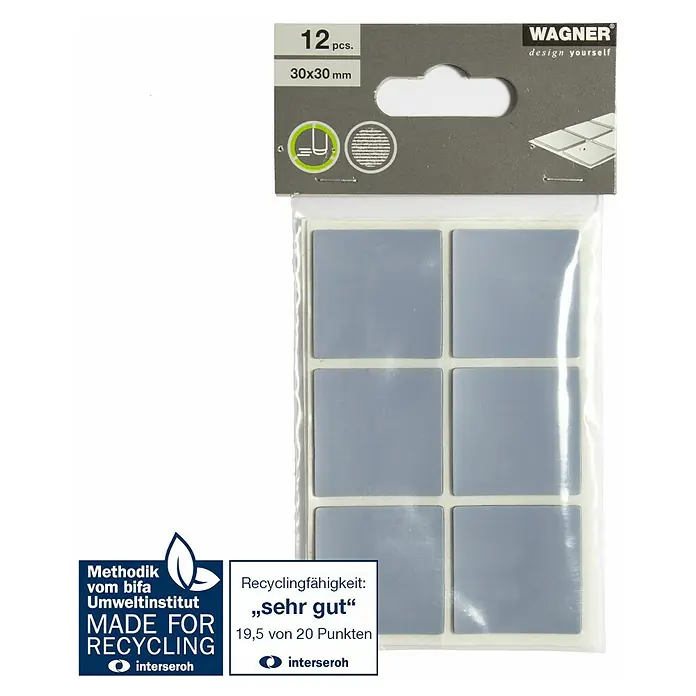 Wagner System Möbelgleiter - L x B x H: 30 x 30 x 1,5 mm, Kleben, 12 Stk. - Das Bild zeigt eine Packung mit 12 Wagner-Möbelgleitern, 30x30 mm, zur einfachen Selbstmontage, zertifiziert für Recyclingfähigkeit.