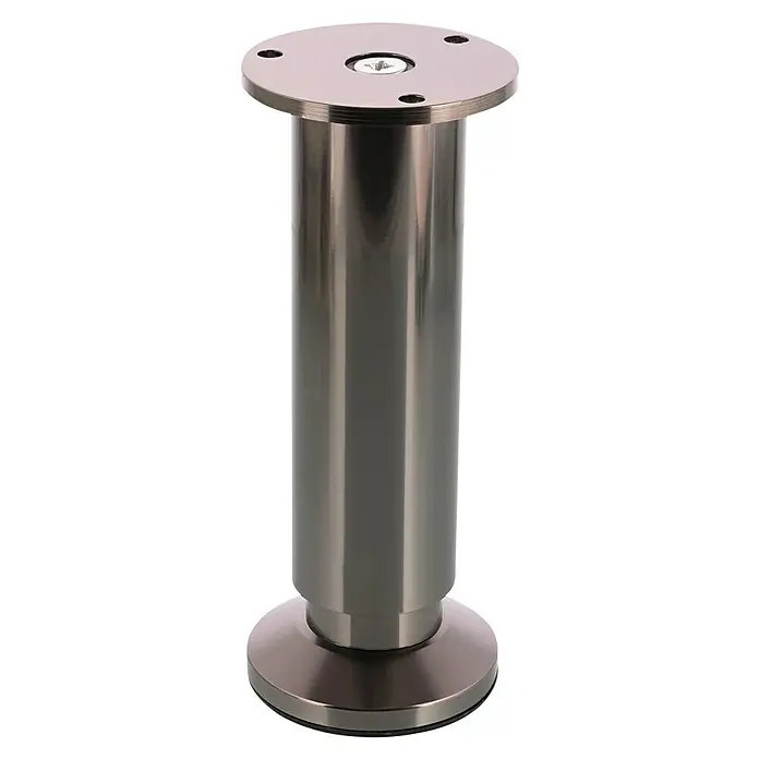 Wagner System Möbelfuß - Edelstahl, Höhenverstellung: 15 cm - 16,5 cm - Das Bild zeigt ein einzelnes, modernes Möbelbein aus Metall, das sich ideal für verschiedene Möbelstücke eignet.