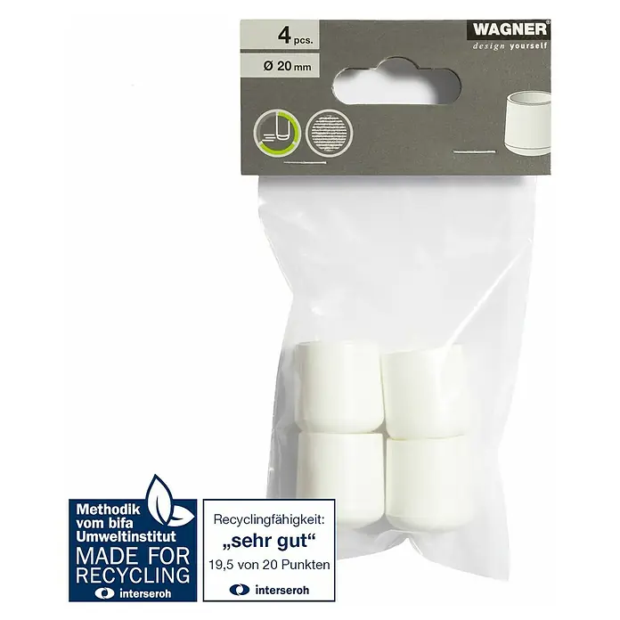 Wagner System Plastik-Gleiter - Weiß, Gesamtstückzahl: 4 Stk., Lochdurchmesser 1: 20 mm - Bild einer Packung mit 4 Stuhlbeinkappen von Wagner, Durchmesser 20 mm, ausgezeichnet mit "sehr gut" für Recyclingfähigkeit.