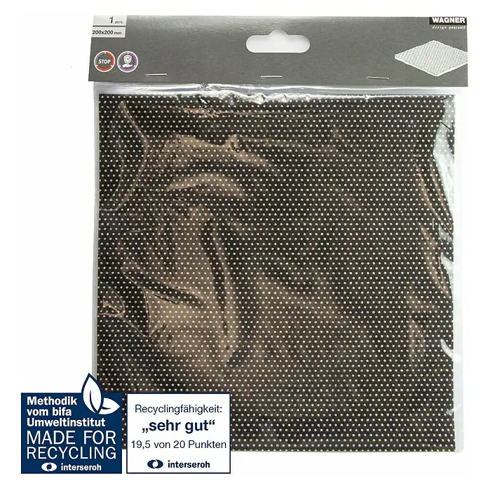 Wagner System Antirutschmatte - 200 x 200 mm, Filz, Braun, Beige - Das Bild zeigt ein Wagner-Produkt, vermutlich eine Antirutschmatte, verpackt und bereit für den Gebrauch, mit Hinweisen zur Recyclingfähigkeit.
