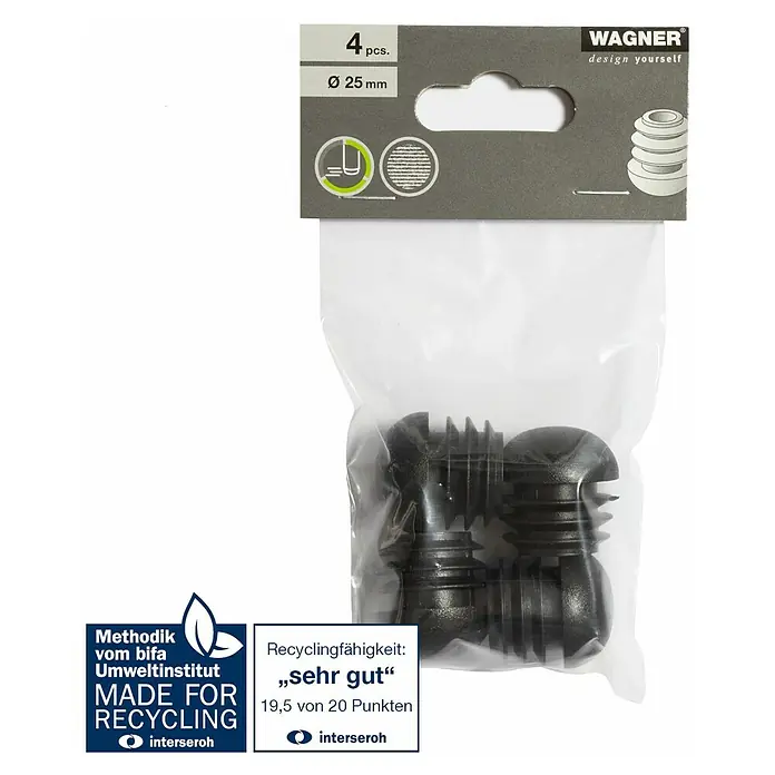 Wagner System Möbelgleiter - Durchmesser: 25 mm, 4 Stk., Kunststoff - Abbildung einer Verpackung mit 4 Stück schwarzen Wagner Design Yourself Möbelgleitern mit einem Durchmesser von 25 mm.