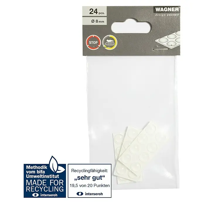 Wagner System Plastik-Gleiter - Ø x H: 8 x 2,2 mm, 24 Stk., Transparent - Ein Paket mit 24 Stück Wagner Anti-Rutsch-Pads mit einem Durchmesser von 8 mm, ideal zum Schutz von Oberflächen.