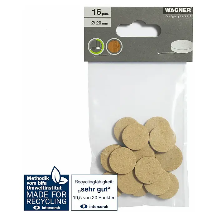 Wagner System Möbelgleiter SYNO® - Durchmesser: 20 mm, Kleben, 16 Stk. - Eine Packung Wagner Möbelgleiter aus Filz mit 16 Stück, Durchmesser 20 mm, für den Schutz von Böden und Möbeln.