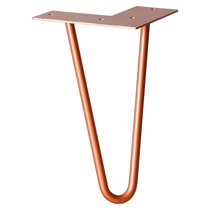 Wagner System Möbelfuß Hairpinlegs - Stahl, Höhe: 20 cm, Rosé Gold - Nahaufnahme eines einzelnen roségoldenen Haarnadel-Tischbeins mit rechteckiger Montageplatte vor einem schwarzen Hintergrund.