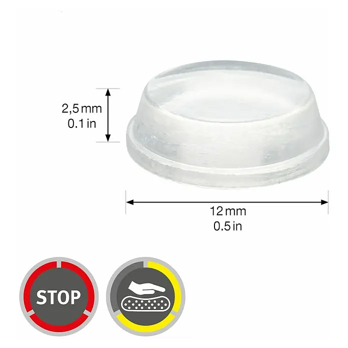 Wagner System Plastik-Gleiter - Ø x H: 12 x 2,5 mm, 24 Stk., Transparent - Abbildung eines transparenten Türpuffer-Stoppers mit den Maßen 2,5mm Höhe und 12mm Durchmesser.