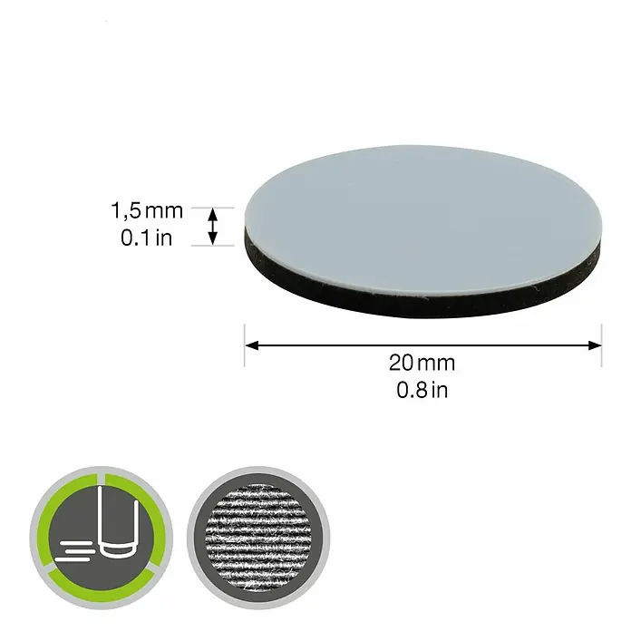 Wagner System Möbelgleiter - Durchmesser: 20 mm, Kleben, 16 Stk., Kunststoff - Abbildung eines runden Möbelgleiters mit den Maßen 20 mm Durchmesser und 1,5 mm Dicke.