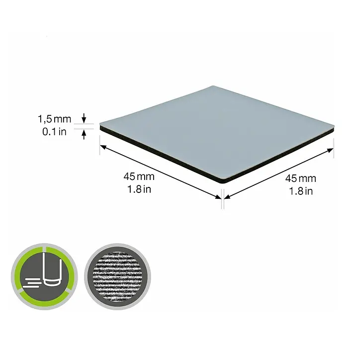 Wagner System Möbelgleiter - 45 x 45 mm, Kleben, 4 Stk. - Produktabbildung mit Abmessungen: 45 mm x 45 mm und einer Dicke von 1,5 mm, mit rutschfestem Material, ideal für verschiedene Anwendungen.