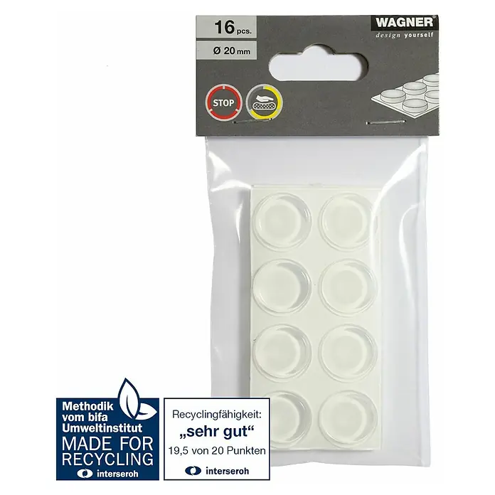 Wagner System Plastik-Gleiter - Transparent, Ø x H: 20 x 6,2 mm, 16 Stk. - Packung mit 16 transparenten Möbelgleitern (Ø 20 mm) von Wagner, zur Reduzierung von Geräuschen und zum Schutz von Oberflächen.