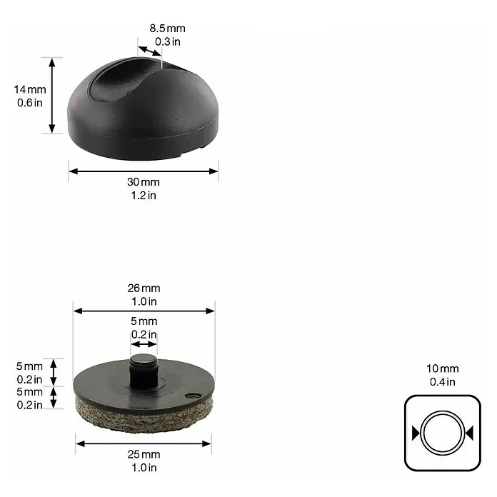 Wagner System Möbelgleiter - Durchmesser: 3 cm, Stecken - Produktbild mit Maßangaben eines schwarzen Kabelclips und eines Möbelgleiters mit Filzgleitfläche.