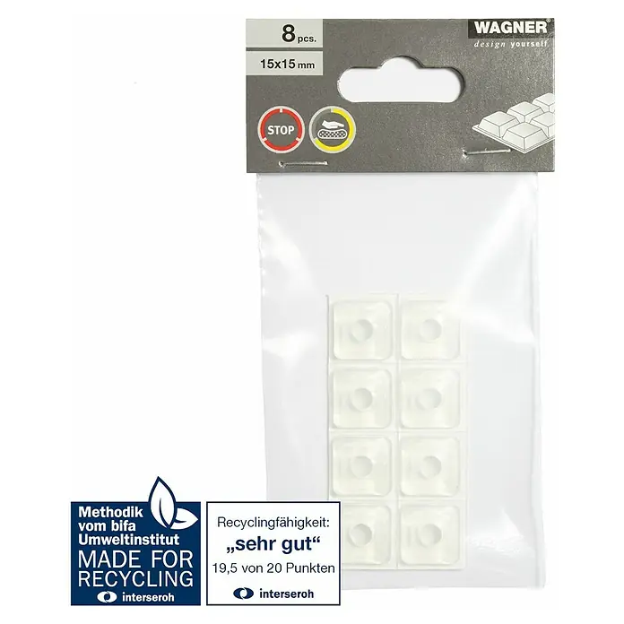 Wagner System Plastik-Gleiter - 15 x 15 mm, Transparent, 8 Stk. - Eine Packung Wagner Möbelgleiter, 8 Stück, 15x15 mm, zum Schutz von Böden und zur Reduzierung von Geräuschen.