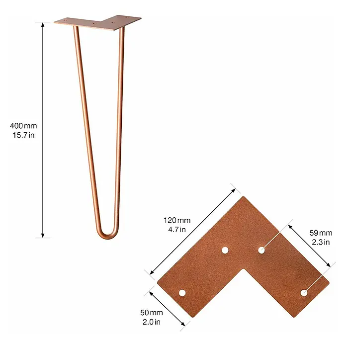 Wagner System Möbelfuß Hairpinlegs - Stahl, Höhe: 40 cm, Rosé Gold - Produktbild eines Tischbeins aus Metall mit L-förmiger Montageplatte und Maßangaben in Millimetern und Zoll.