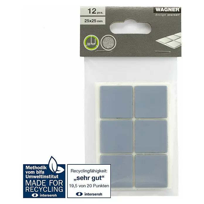 Wagner System Möbelgleiter - L x B x H: 25 x 25 x 1,5 mm, Kleben, 12 Stk. - Packung mit 12 grauen, selbstklebenden Wagner Design-Quadraten (25x25 mm) mit Recycling-Zertifizierung.