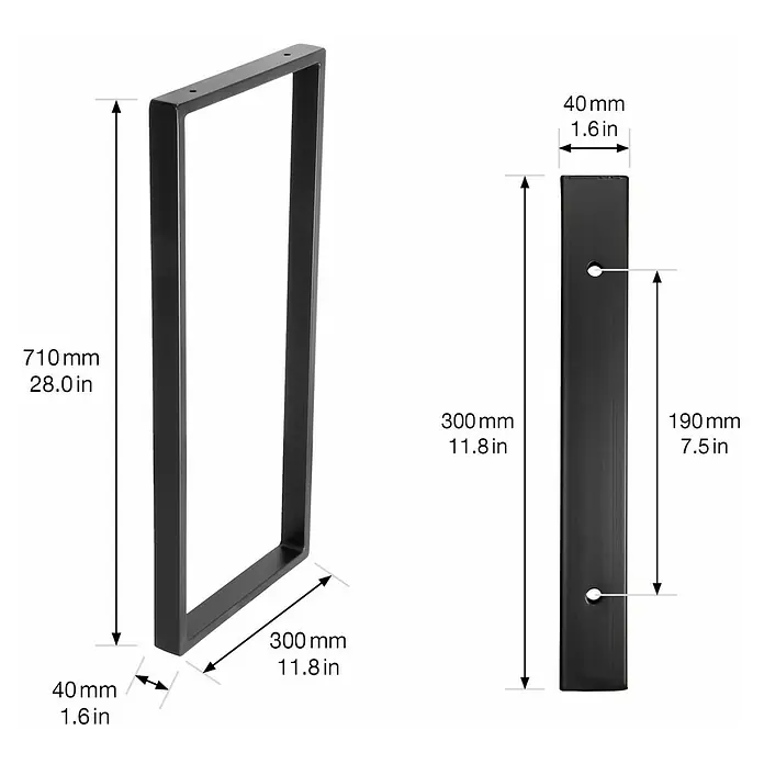 Wagner System Tischgestell - Stahl, B x H: 30 x 71 cm - Abbildung von schwarzen Tischbeinen aus Metall mit Maßangaben in Millimetern und Zoll.
