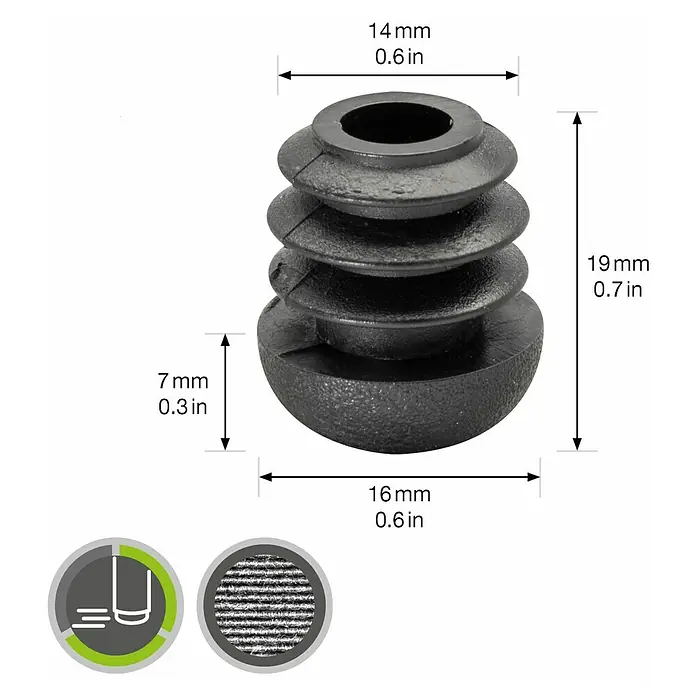 Wagner System Plastik-Gleiter - Lochdurchmesser 1: 14 mm - Abbildung eines schwarzen Möbelgleiters mit verschiedenen Größenangaben in Millimetern und Zoll.