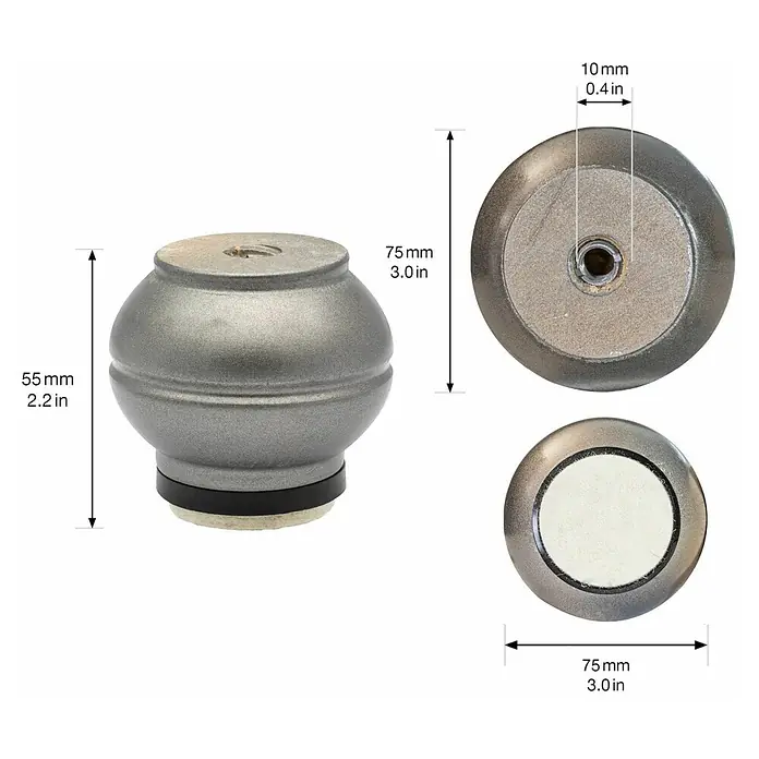 Wagner System Möbelfuß - Ø x H: 75 x 55 mm, Holz - Das Bild zeigt einen Möbelbein mit den Maßen 55 mm Höhe und 75 mm Durchmesser, sowie die Gewindegröße von 10 mm.