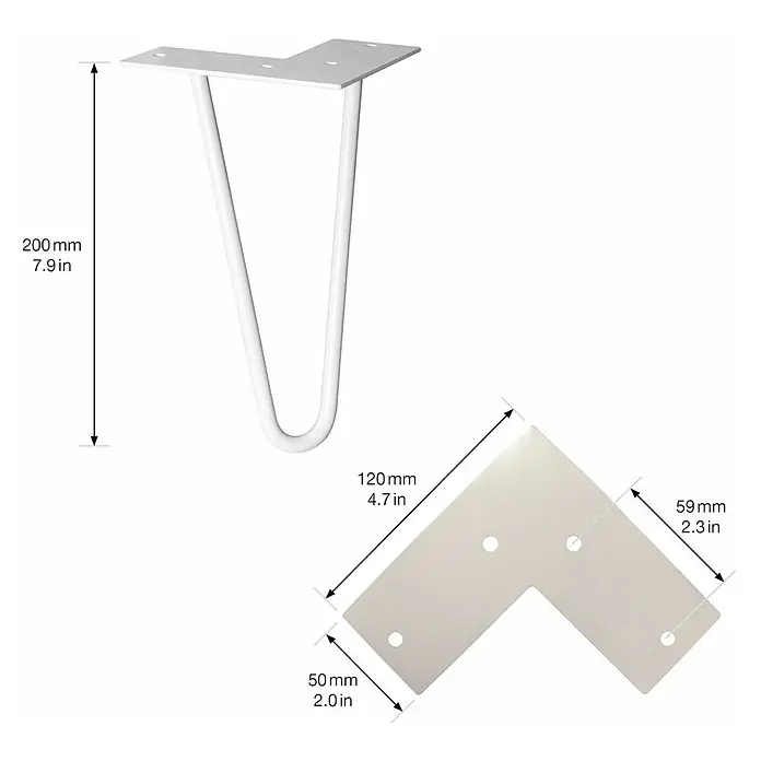 Wagner System Möbelfuß Hairpinlegs - Stahl, Höhe: 20 cm, Licht Grau - Detailaufnahme eines weißen Haarnadel-Tischbeins mit Maßangaben für Höhe und Montageplatte.