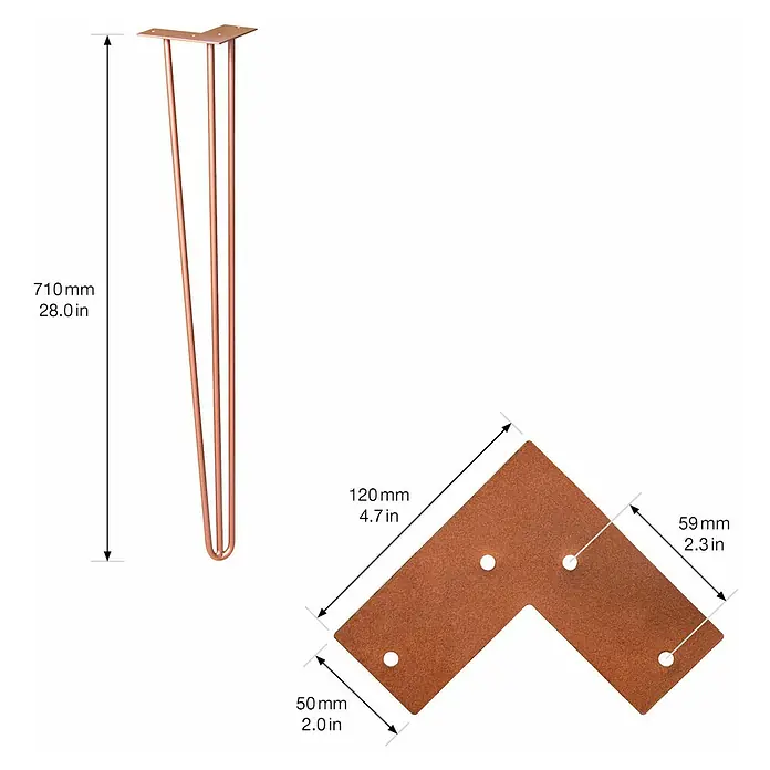 Wagner System Möbelfuß Hairpinlegs - Stahl, Höhe: 71 cm, Rosé Gold - Produktbild: Kupferfarbene Haarnadelbeine mit L-förmiger Montageplatte, Maße für Heimwerkerprojekte.
