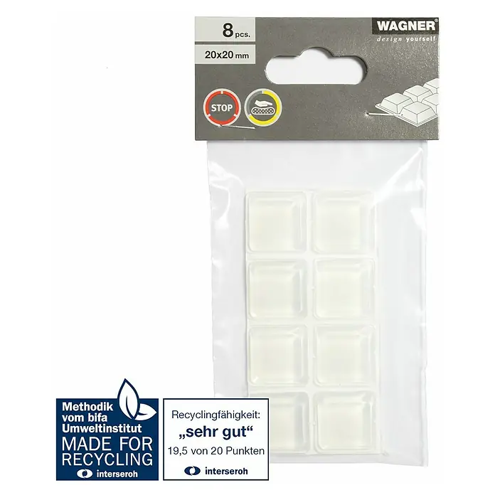 Wagner System Plastik-Gleiter - 19,8 x 19,8 mm, Transparent, 8 Stk. - Produktbild von Wagner Möbelgleiter, 8 Stück, 20x20 mm, zum Schutz von Oberflächen und zum einfachen Verschieben von Möbeln.