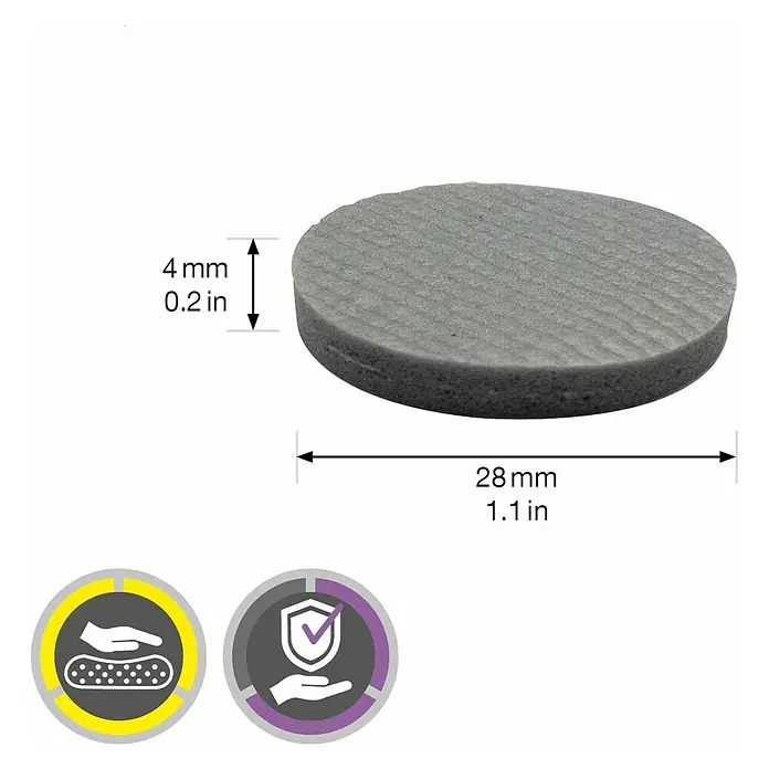 Wagner System Softpads - Ø x H: 28 x 4 mm, 12 Stk., Grau, Kleben - Nahaufnahme eines grauen runden Pads mit den Maßen 28 mm Durchmesser und 4 mm Dicke, zur Verwendung als Schutz oder Dämpfer.