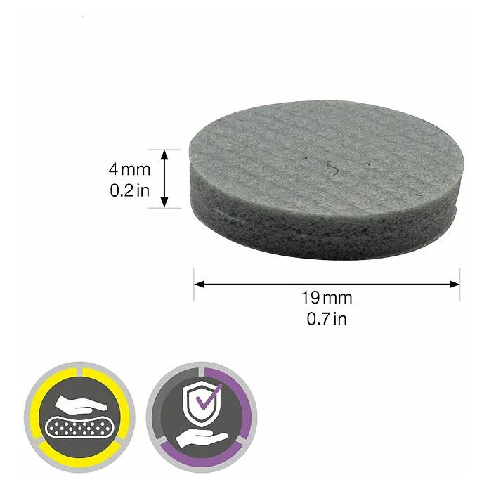 Wagner System Softpads - Ø x H: 19 x 4 mm, 16 Stk., Grau, Kleben - Nahaufnahme eines grauen, runden Filzgleiters mit den Maßen 19 mm Durchmesser und 4 mm Dicke.