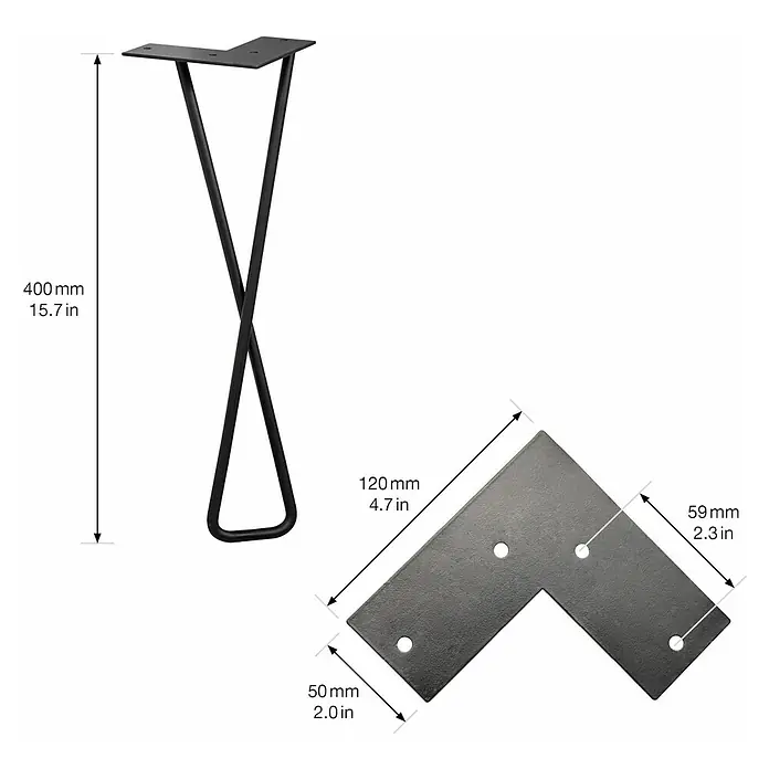 Wagner System Möbelfuß Hairpin Twist - Höhe: 400 mm, Stahl, Schwarz - Abbildung eines Möbelbeins mit Montageplatte und Maßangaben in Millimetern und Zoll zur Veranschaulichung der Produktabmessungen.