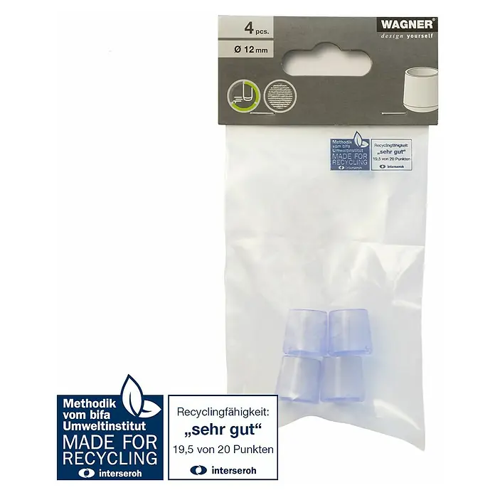 Wagner System Rohrkappen - Durchmesser: 12 mm, 4 Stk., Transparent - Die Wagner Stuhlbeinkappen schützen den Boden und sind für Stuhlbeine mit einem Durchmesser von 12 mm geeignet. Verpackung enthält 4 Stück.