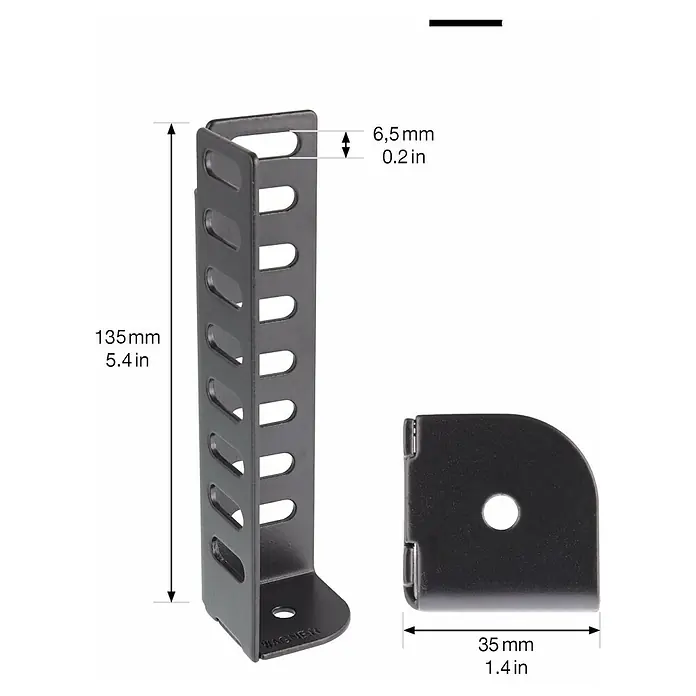 Wagner System Möbelfuß - Höhe: 12 cm, Stahl, Schwarz - Produktansicht eines schwarzen Winkelverbinder mit Maßen 135 mm Höhe und 35 mm Tiefe, inklusive Lochdetails.