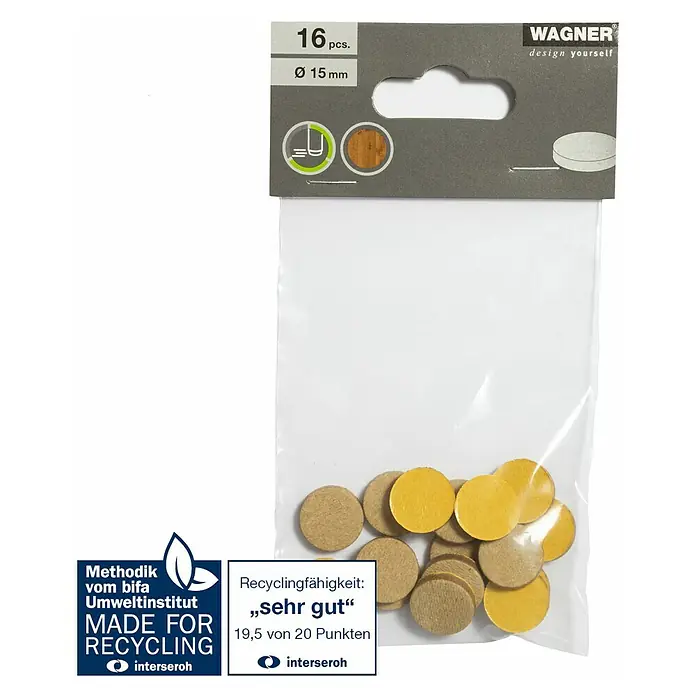 Wagner System Möbelgleiter SYNO® - Durchmesser: 15 mm, Kleben, 16 Stk. - Eine Packung mit 16 Stück Wagner Holzabdeckplättchen mit einem Durchmesser von 15 mm, zum Abdecken von Schraubenlöchern.