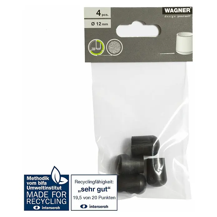 Wagner System Plastik-Gleiter - Schwarz, Gesamtstückzahl: 4 Stk., Lochdurchmesser 1: 12 mm - Bild einer 4er-Packung schwarzer Wagner-Stuhlbeinkappen mit einem Durchmesser von 12 mm, die für Recycling hergestellt wurden.
