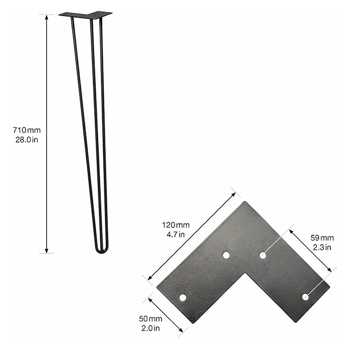 Wagner System Möbelfuß Hairpinlegs - Stahl, Höhe: 71 cm, Schwarz - Produktabbildung: Haarnadel-Tischbeine mit Montageplatte und Maßangaben in mm und Zoll.