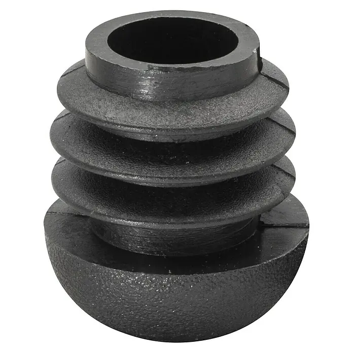Wagner System Möbelgleiter - Durchmesser: 22 mm, 4 Stk., Kunststoff - Ein schwarzer, mehrstufiger Gummistopfen mit einer Öffnung oben, ideal für industrielle Anwendungen und Abdichtungen.